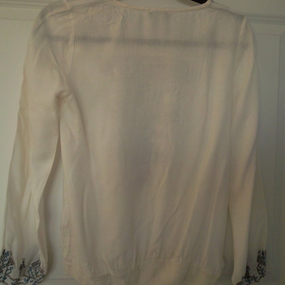 Lucky Brand Aztec Boho Embroidered Beaded Peasant Ivory Blouse - Picture 4 of 8